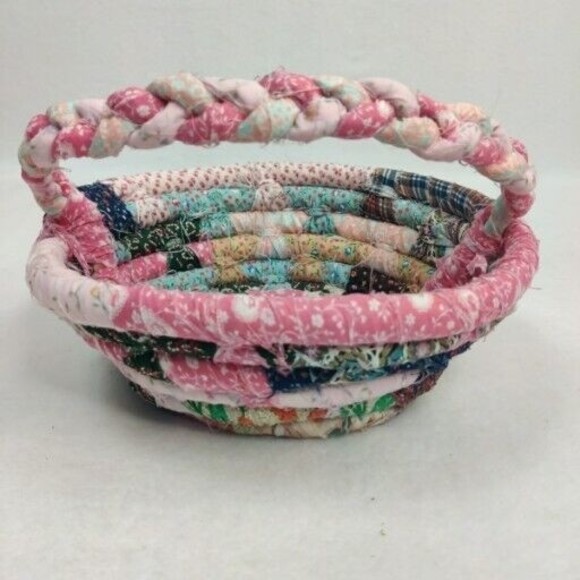 Lot Of 6 Vintage Handmade Fabric Rope Baskets Quilt Remnant Patterns‎ BOJO - Picture 6 of 16
